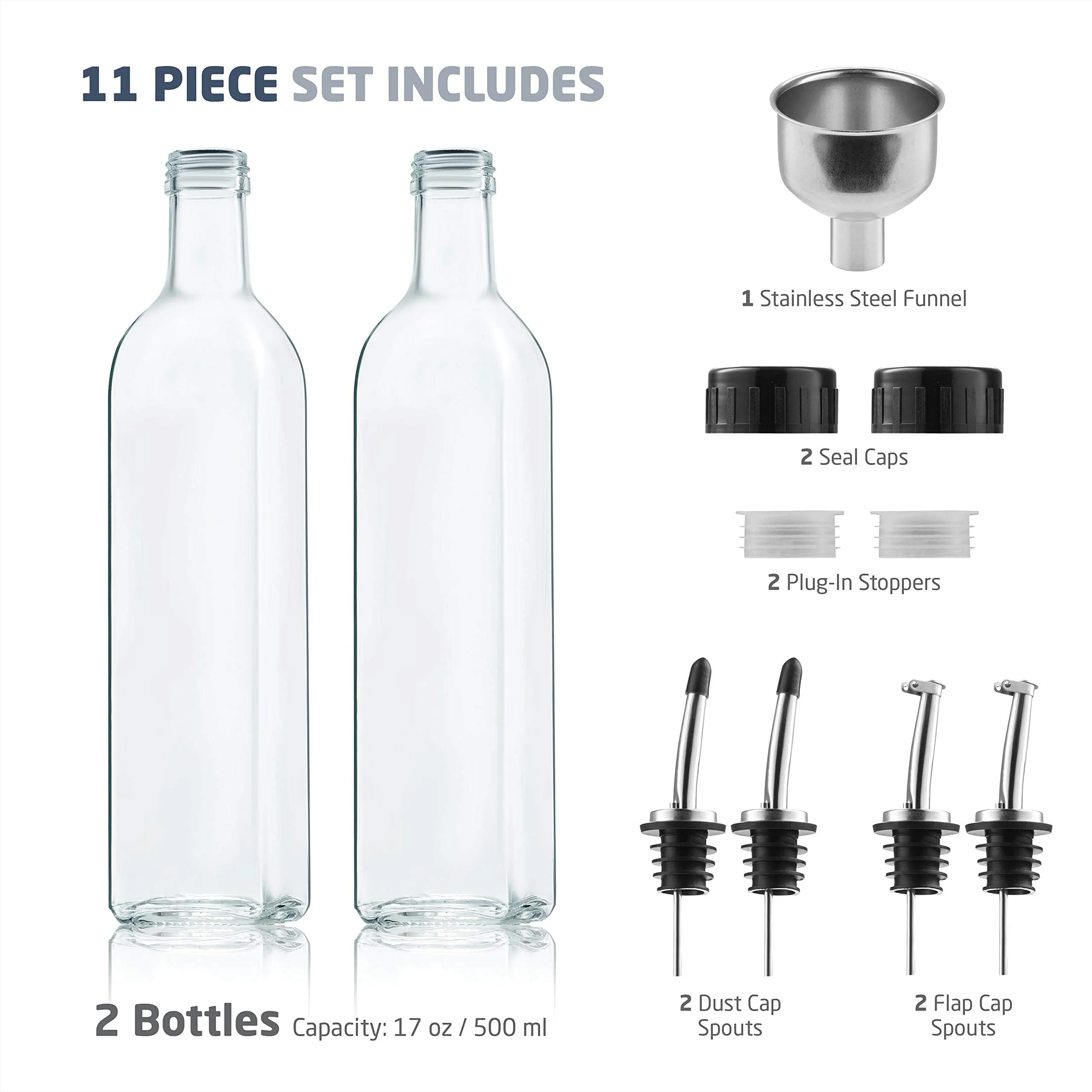 Superior Olive Oil Dispenser Set - Slim Design Oil and Vinegar Dispenser - Funnel For Easy Refill - Oil Dispenser Bottle For Kitchen With 4 Pouring Spouts and Labels - Glass Oil Bottle Set