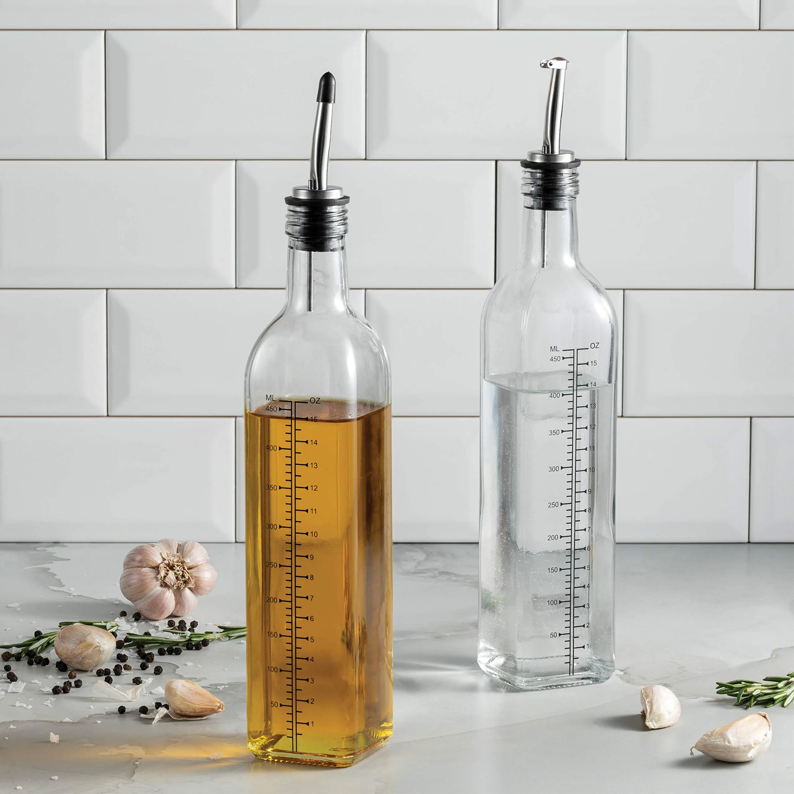 Superior Olive Oil Dispenser Set - Slim Design Oil and Vinegar Dispenser - Funnel For Easy Refill - Oil Dispenser Bottle For Kitchen With 4 Pouring Spouts and Labels - Glass Oil Bottle Set