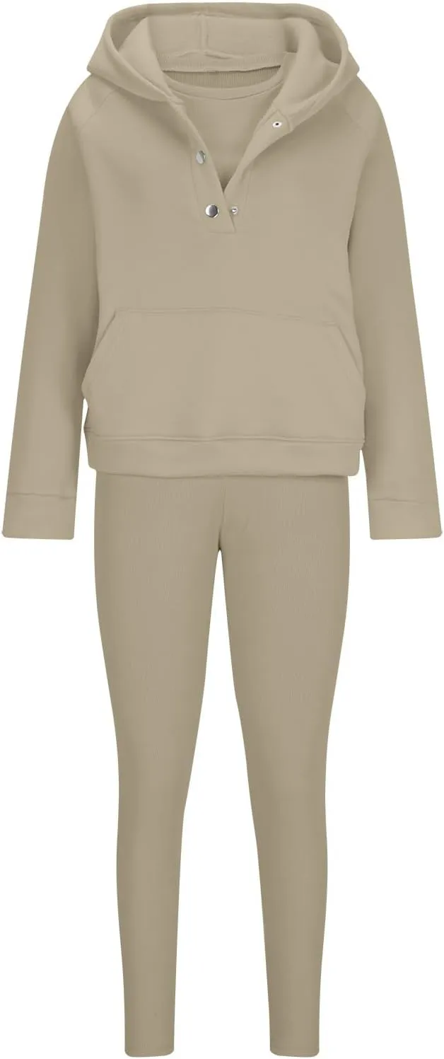 Sweatsuit Set for Women 3 Piece Oversized Outfits Button Hoodie Pullover and Tank Top Long Pants Matching Lounge Sets