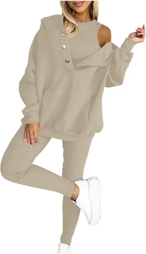 Sweatsuit Set for Women 3 Piece Oversized Outfits Button Hoodie Pullover and Tank Top Long Pants Matching Lounge Sets