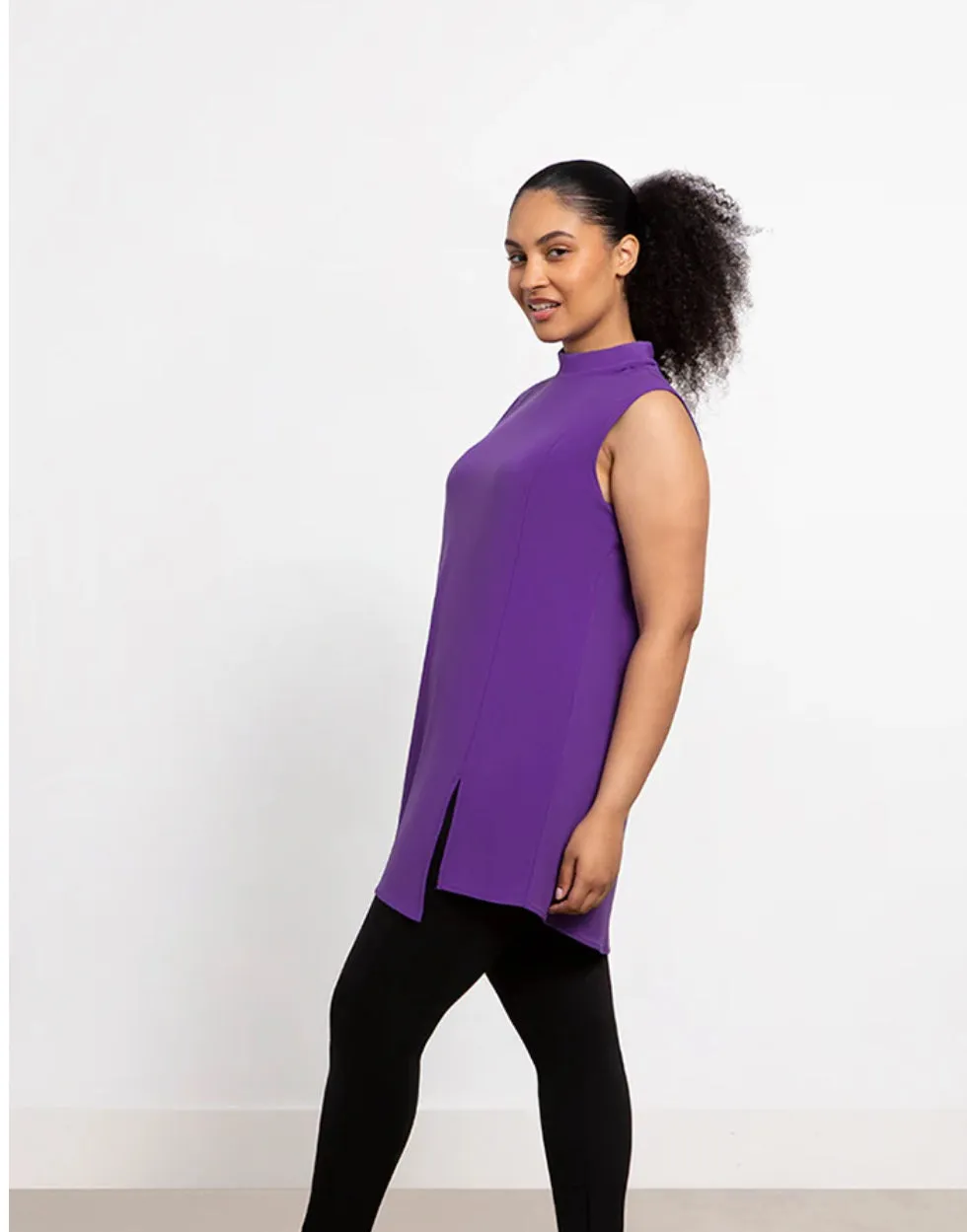 Sympli Sleeveless Mock Neck Slit Tunic