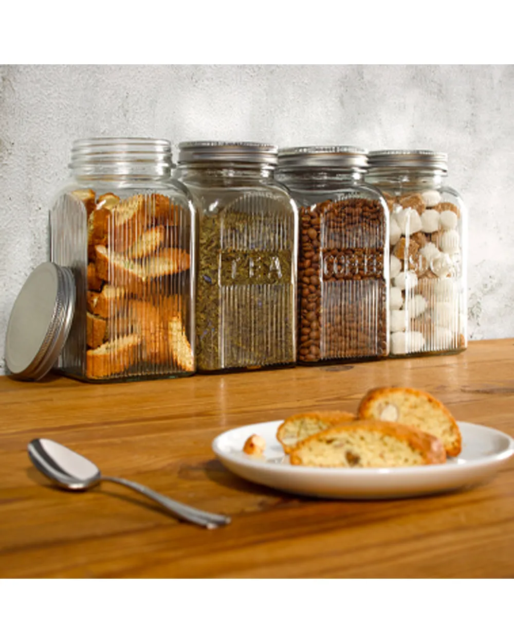 Tala 1.25 Liter Ribbed Glass Storage Canisters with Screw Top Tin Lids