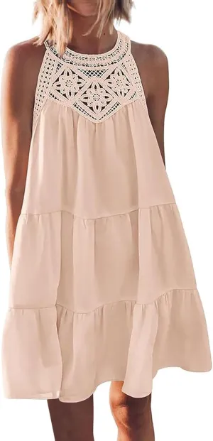 Tank Dresses for Women Summer Trendy Sundress Guipure Lace Halter Neck Mini Dress Tiered Ruffle Vacation Outfit