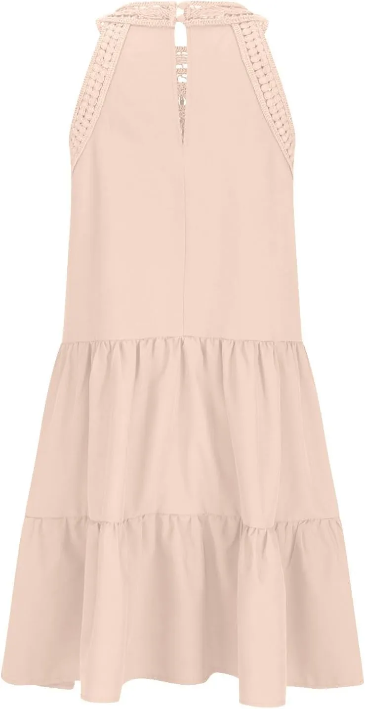 Tank Dresses for Women Summer Trendy Sundress Guipure Lace Halter Neck Mini Dress Tiered Ruffle Vacation Outfit