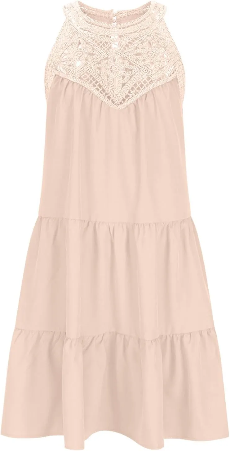 Tank Dresses for Women Summer Trendy Sundress Guipure Lace Halter Neck Mini Dress Tiered Ruffle Vacation Outfit