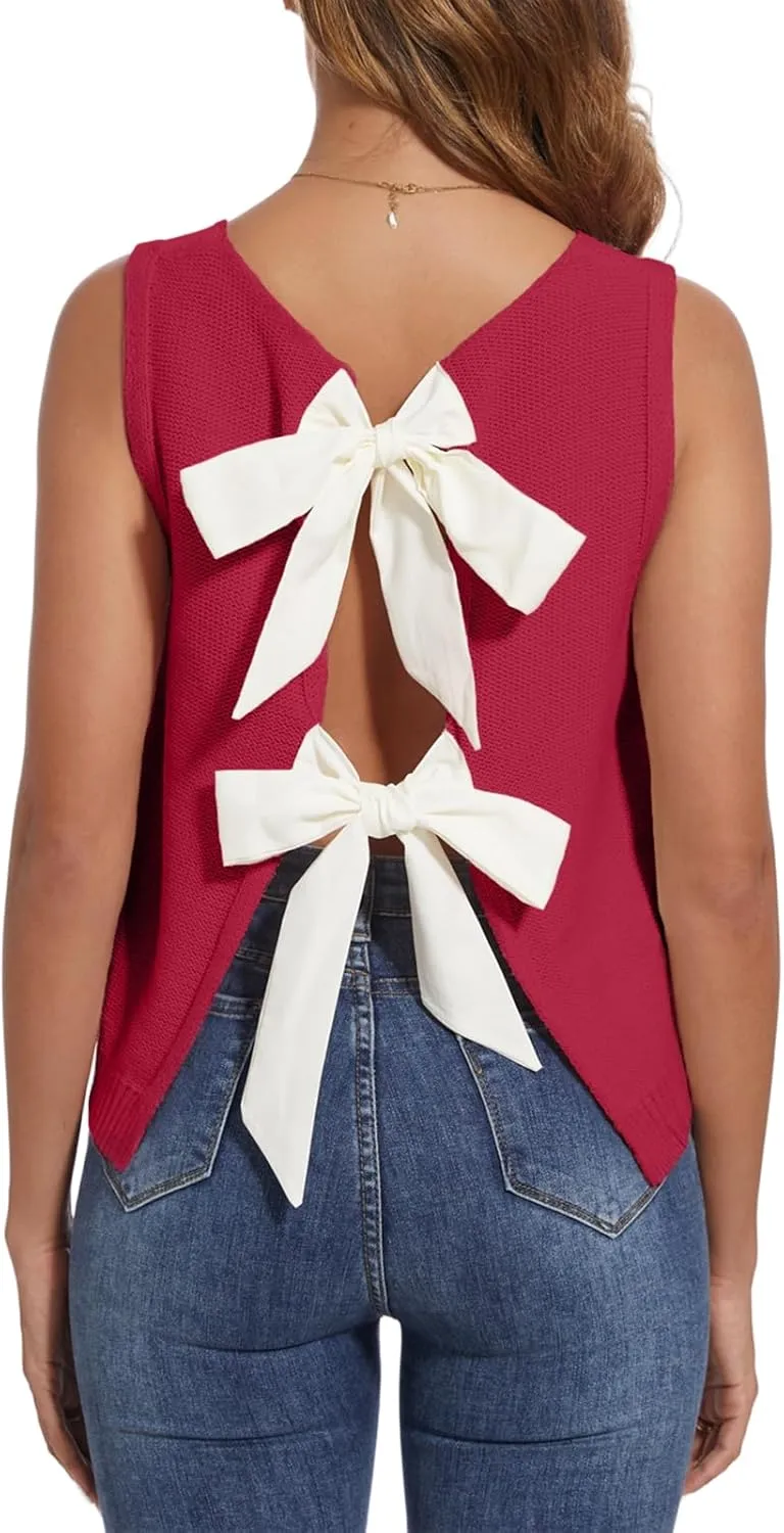 Tanou Women's 2025 Fall Casual Loose Tank Tops Open Back Bow Tie Knit Sleeveless Sweater Vest