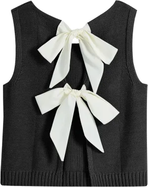 Tanou Women's 2025 Fall Casual Loose Tank Tops Open Back Bow Tie Knit Sleeveless Sweater Vest