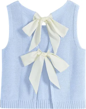 Tanou Women's 2025 Fall Casual Loose Tank Tops Open Back Bow Tie Knit Sleeveless Sweater Vest