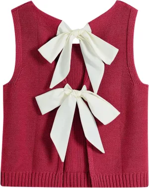 Tanou Women's 2025 Fall Casual Loose Tank Tops Open Back Bow Tie Knit Sleeveless Sweater Vest