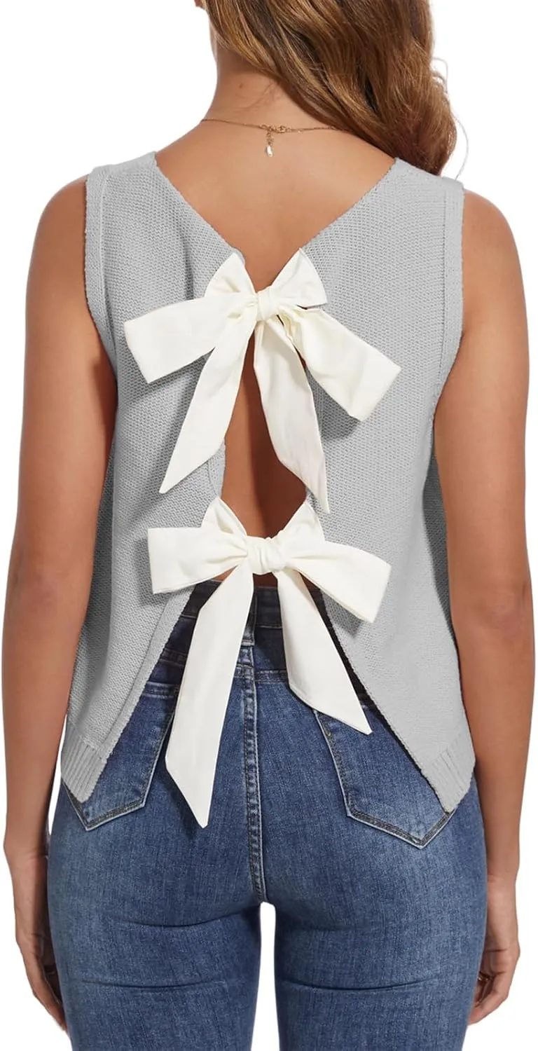 Tanou Women's 2025 Fall Casual Loose Tank Tops Open Back Bow Tie Knit Sleeveless Sweater Vest