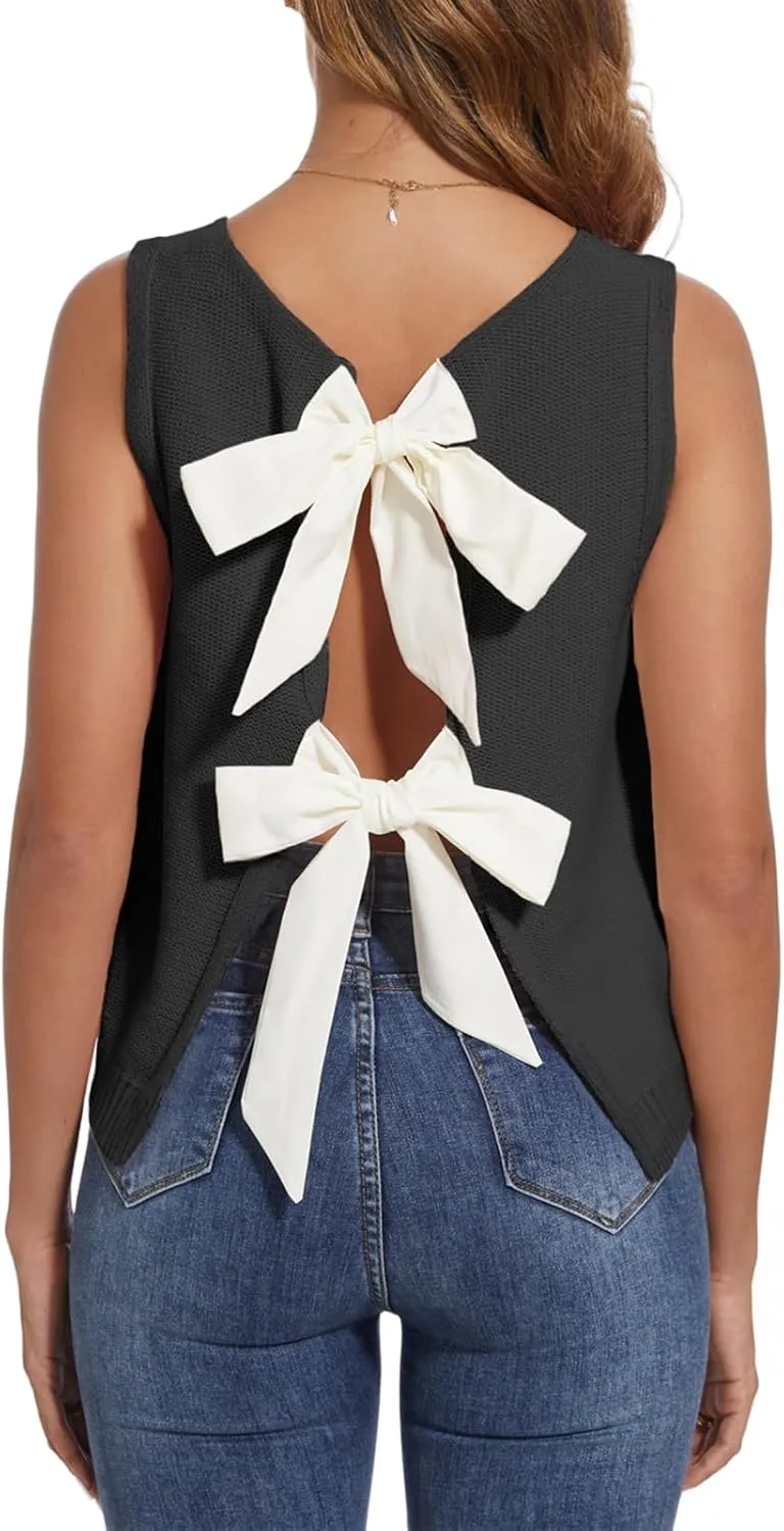 Tanou Women's 2025 Fall Casual Loose Tank Tops Open Back Bow Tie Knit Sleeveless Sweater Vest
