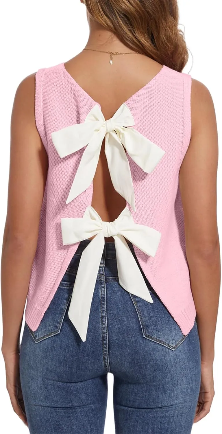 Tanou Women's 2025 Fall Casual Loose Tank Tops Open Back Bow Tie Knit Sleeveless Sweater Vest