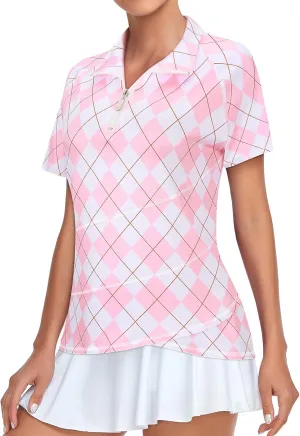 Tanst Sky Women's Golf Polo Shirts Zip Short Sleeve Collared Asymmetrical Hem Tops Moisture Wicking Workout Apparel