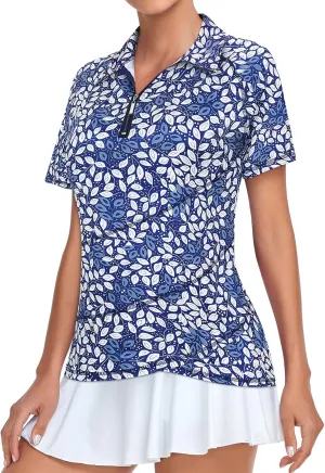 Tanst Sky Women's Golf Polo Shirts Zip Short Sleeve Collared Asymmetrical Hem Tops Moisture Wicking Workout Apparel