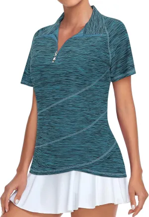 Tanst Sky Women's Golf Polo Shirts Zip Short Sleeve Collared Asymmetrical Hem Tops Moisture Wicking Workout Apparel