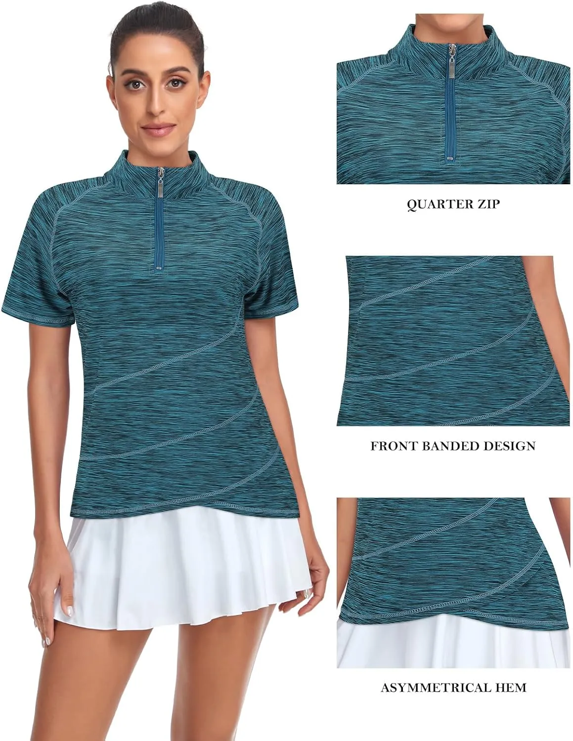 Tanst Sky Women's Golf Polo Shirts Zip Short Sleeve Collared Asymmetrical Hem Tops Moisture Wicking Workout Apparel