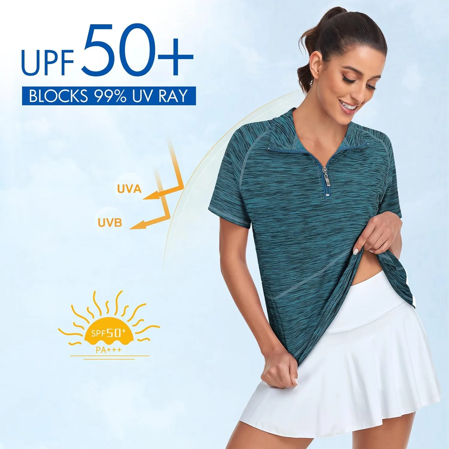 Tanst Sky Women's Golf Polo Shirts Zip Short Sleeve Collared Asymmetrical Hem Tops Moisture Wicking Workout Apparel