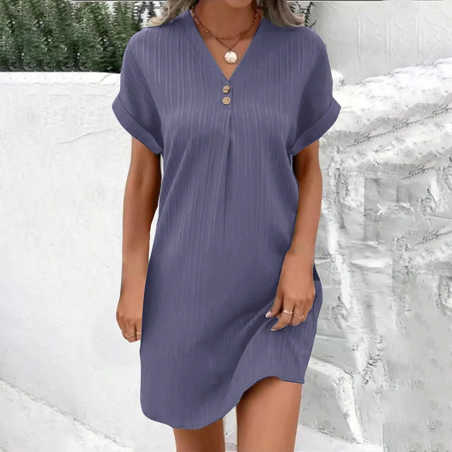TARIENDY Womens Short Sleeve Dress Loose Fit V Neck Dresses Casual Summer Comfy Sundress Plain Beach Vacation Outfits 2025