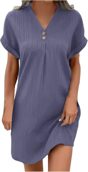 TARIENDY Womens Short Sleeve Dress Loose Fit V Neck Dresses Casual Summer Comfy Sundress Plain Beach Vacation Outfits 2025