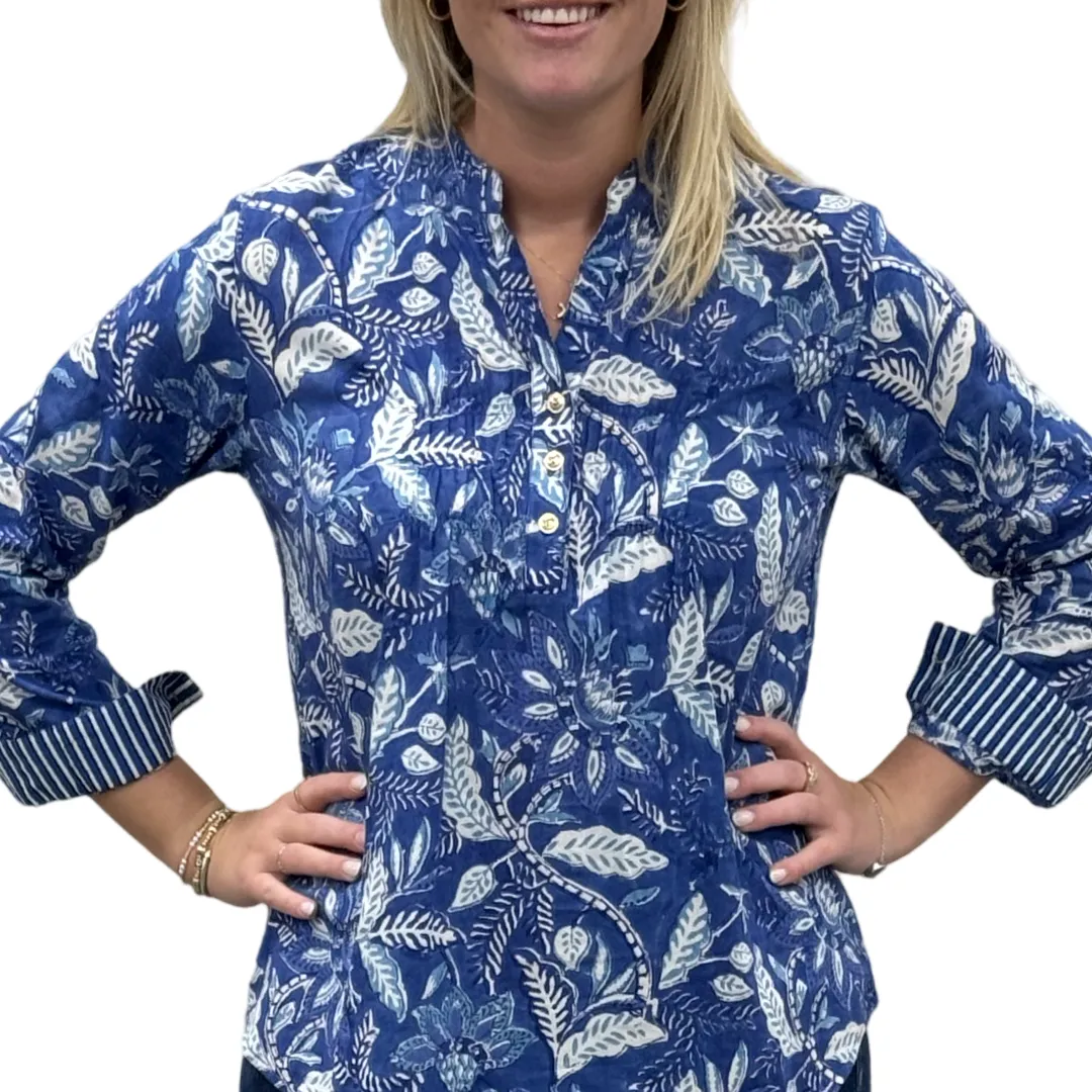 The Avery Cotton Hand Block Printed Top in Brilliant Blue Floral