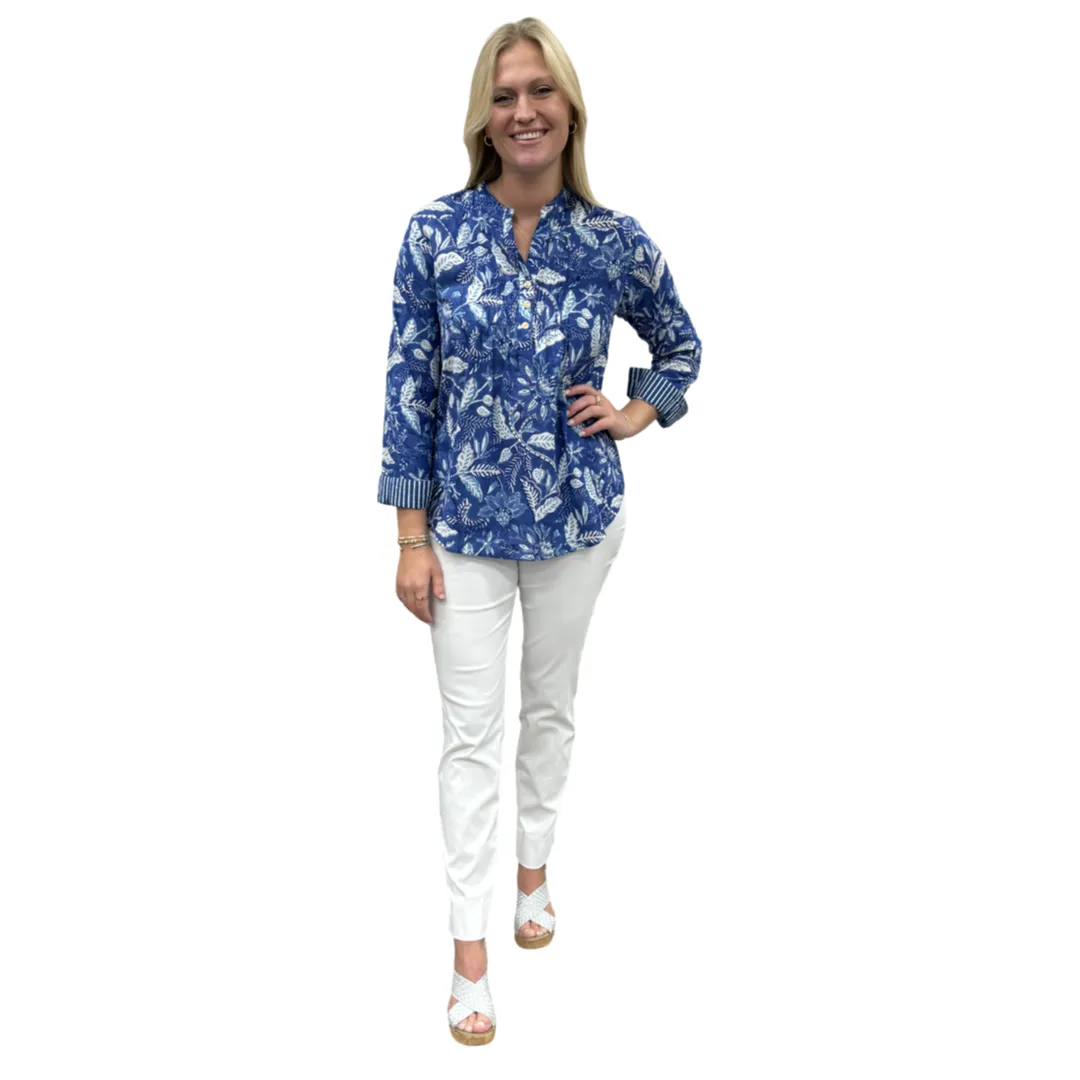 The Avery Cotton Hand Block Printed Top in Brilliant Blue Floral