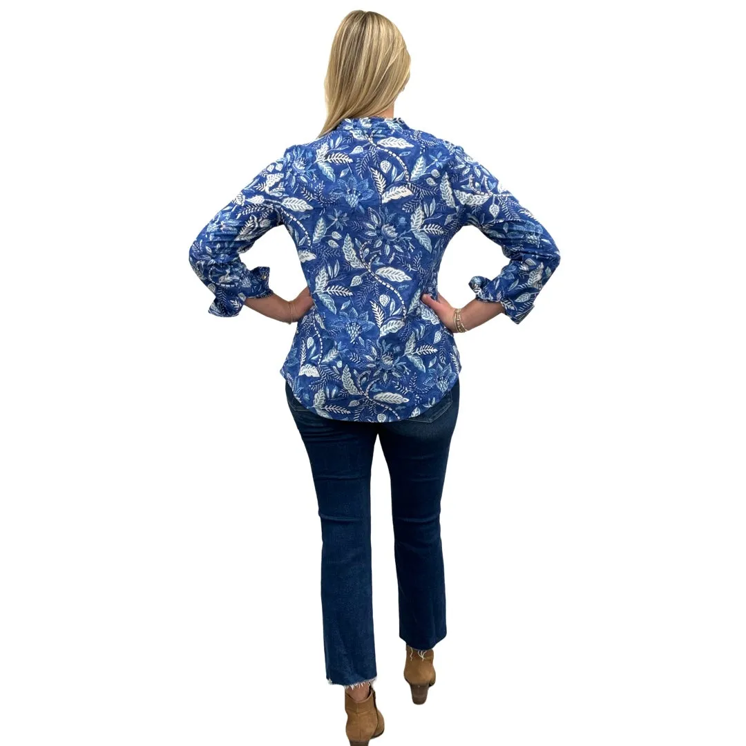 The Avery Cotton Hand Block Printed Top in Brilliant Blue Floral