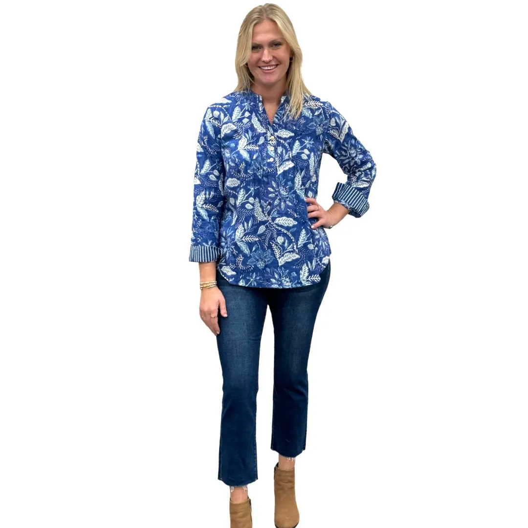 The Avery Cotton Hand Block Printed Top in Brilliant Blue Floral