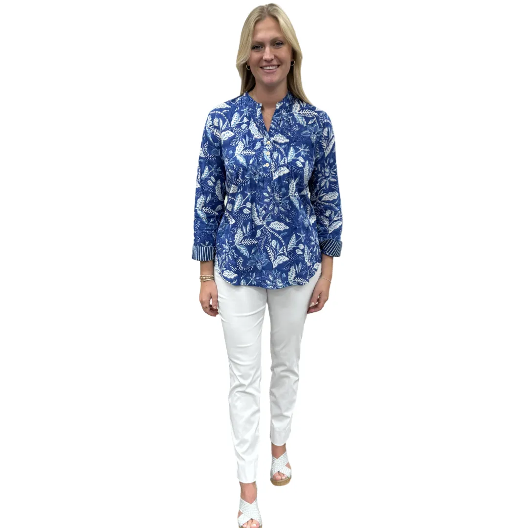 The Avery Cotton Hand Block Printed Top in Brilliant Blue Floral