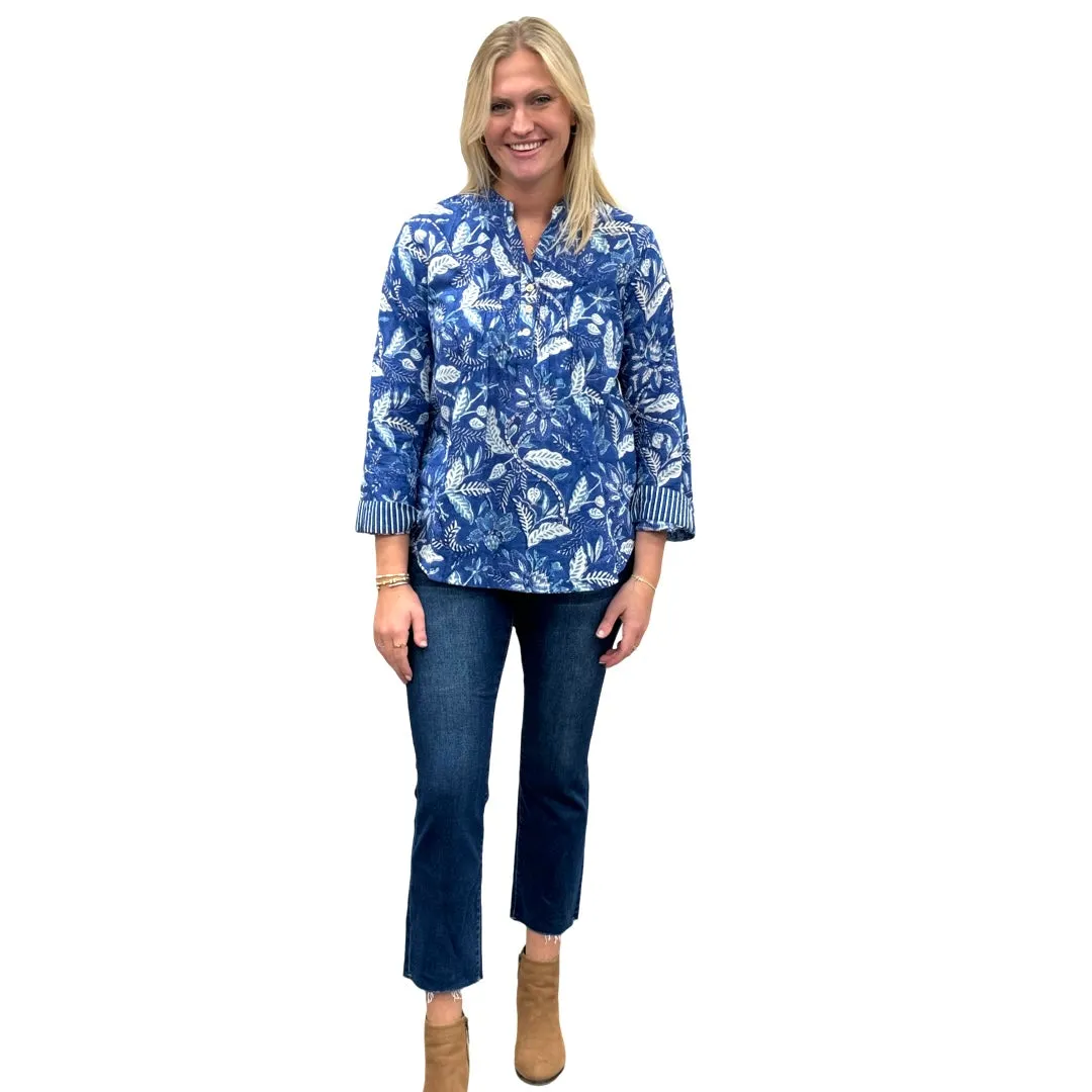 The Avery Cotton Hand Block Printed Top in Brilliant Blue Floral