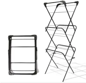 Three Tier Clothes Airer with 20 Clothes Pegs Towel Washing Laundry Drying Rack - Black