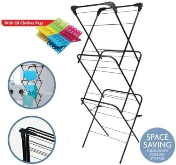 Three Tier Clothes Airer with 20 Clothes Pegs Towel Washing Laundry Drying Rack - Black