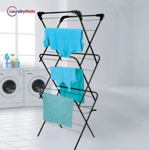 Three Tier Clothes Airer with 20 Clothes Pegs Towel Washing Laundry Drying Rack - Black