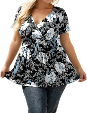 TIAFORD Women's Boho Floral Printed T Shirts Ladies Summer Casual Short Sleeve Blouses V Neck Tunic Tops for Women
