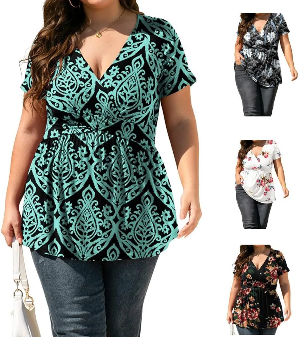 TIAFORD Women's Boho Floral Printed T Shirts Ladies Summer Casual Short Sleeve Blouses V Neck Tunic Tops for Women