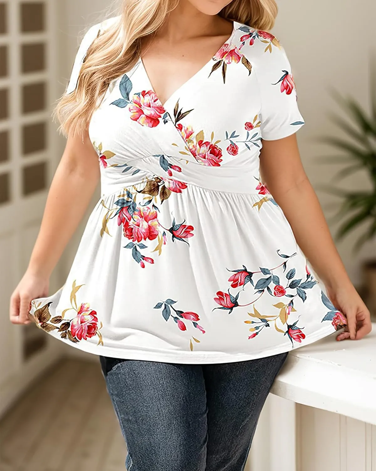 TIAFORD Women's Boho Floral Printed T Shirts Ladies Summer Casual Short Sleeve Blouses V Neck Tunic Tops for Women