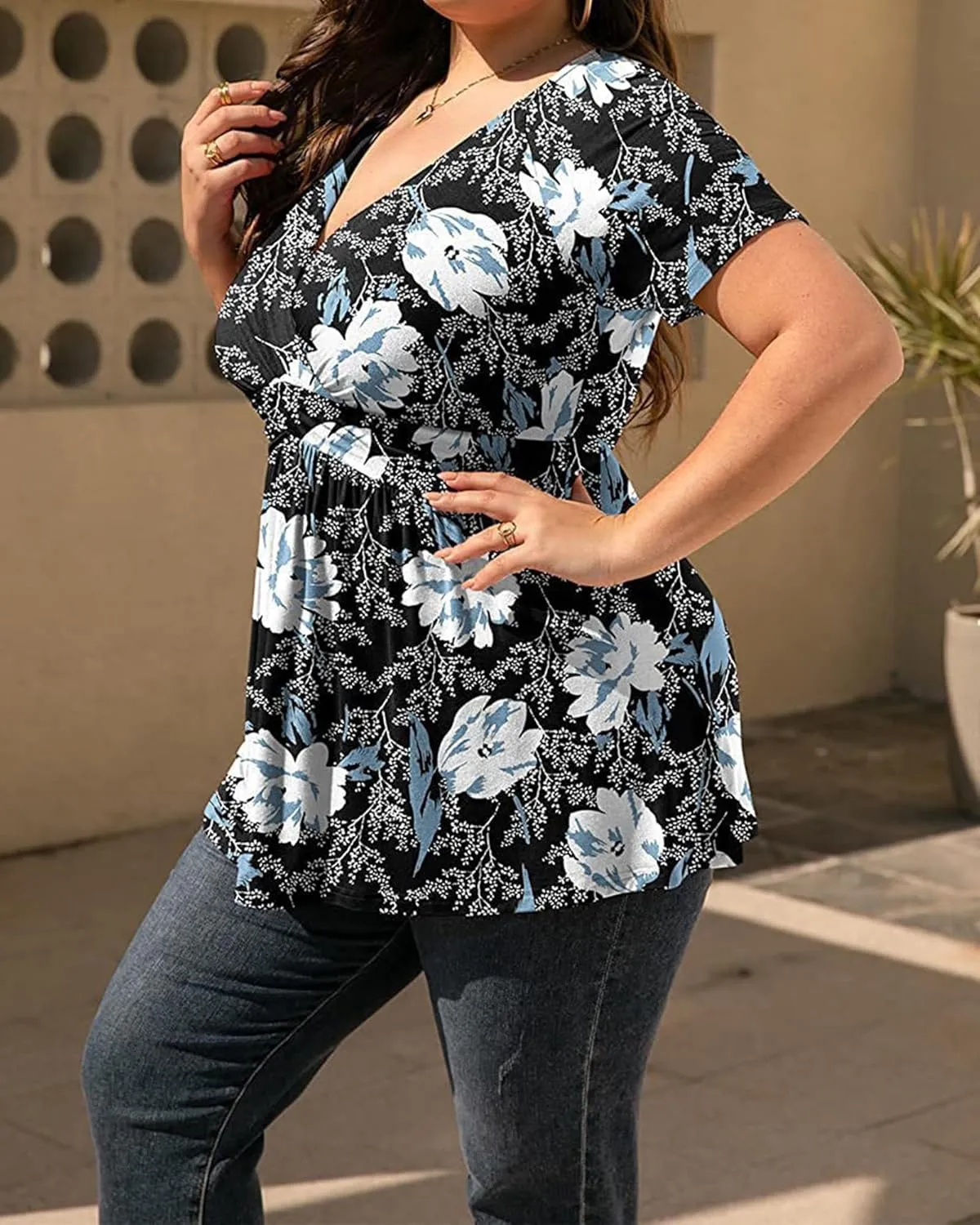 TIAFORD Women's Boho Floral Printed T Shirts Ladies Summer Casual Short Sleeve Blouses V Neck Tunic Tops for Women