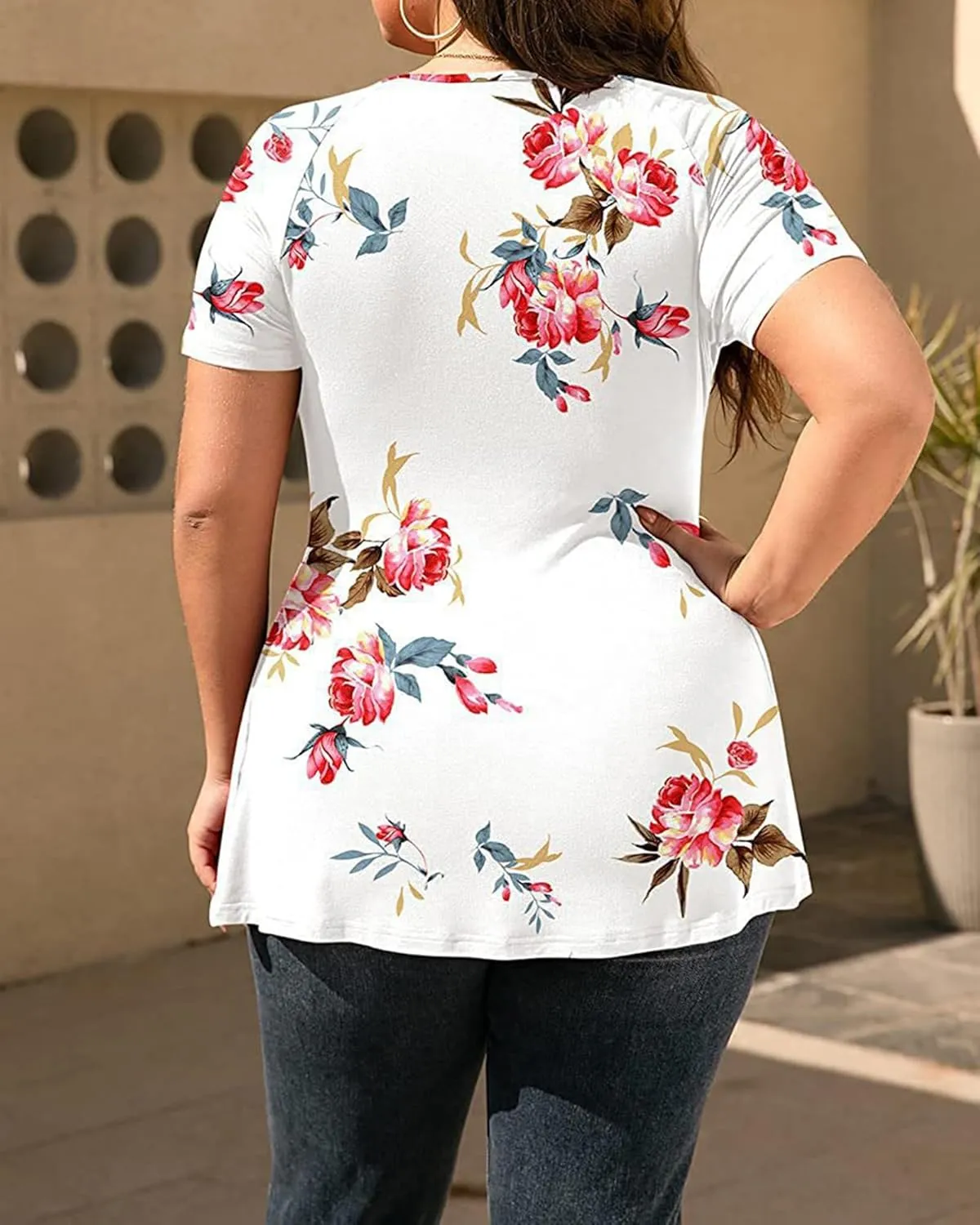 TIAFORD Women's Boho Floral Printed T Shirts Ladies Summer Casual Short Sleeve Blouses V Neck Tunic Tops for Women