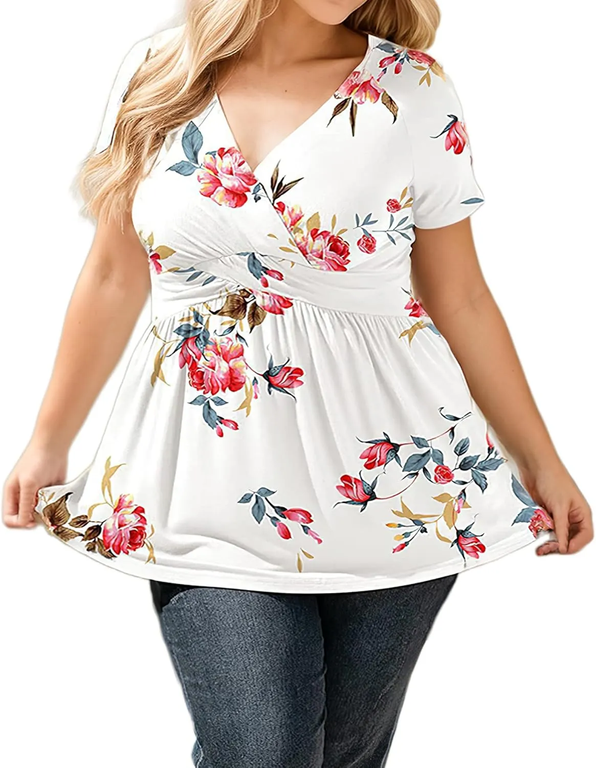 TIAFORD Women's Boho Floral Printed T Shirts Ladies Summer Casual Short Sleeve Blouses V Neck Tunic Tops for Women