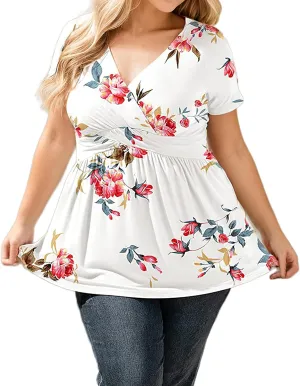 TIAFORD Women's Boho Floral Printed T Shirts Ladies Summer Casual Short Sleeve Blouses V Neck Tunic Tops for Women
