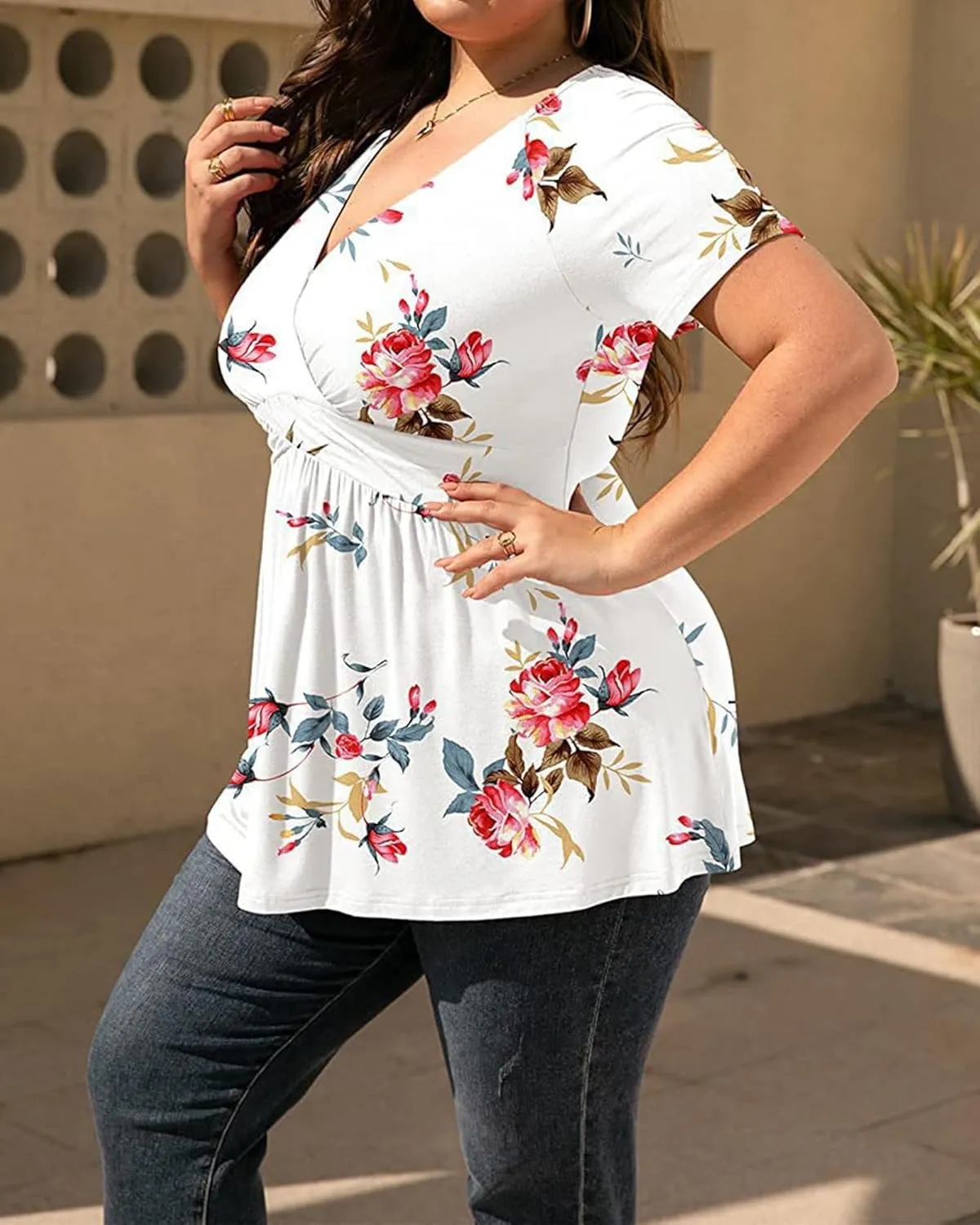 TIAFORD Women's Boho Floral Printed T Shirts Ladies Summer Casual Short Sleeve Blouses V Neck Tunic Tops for Women