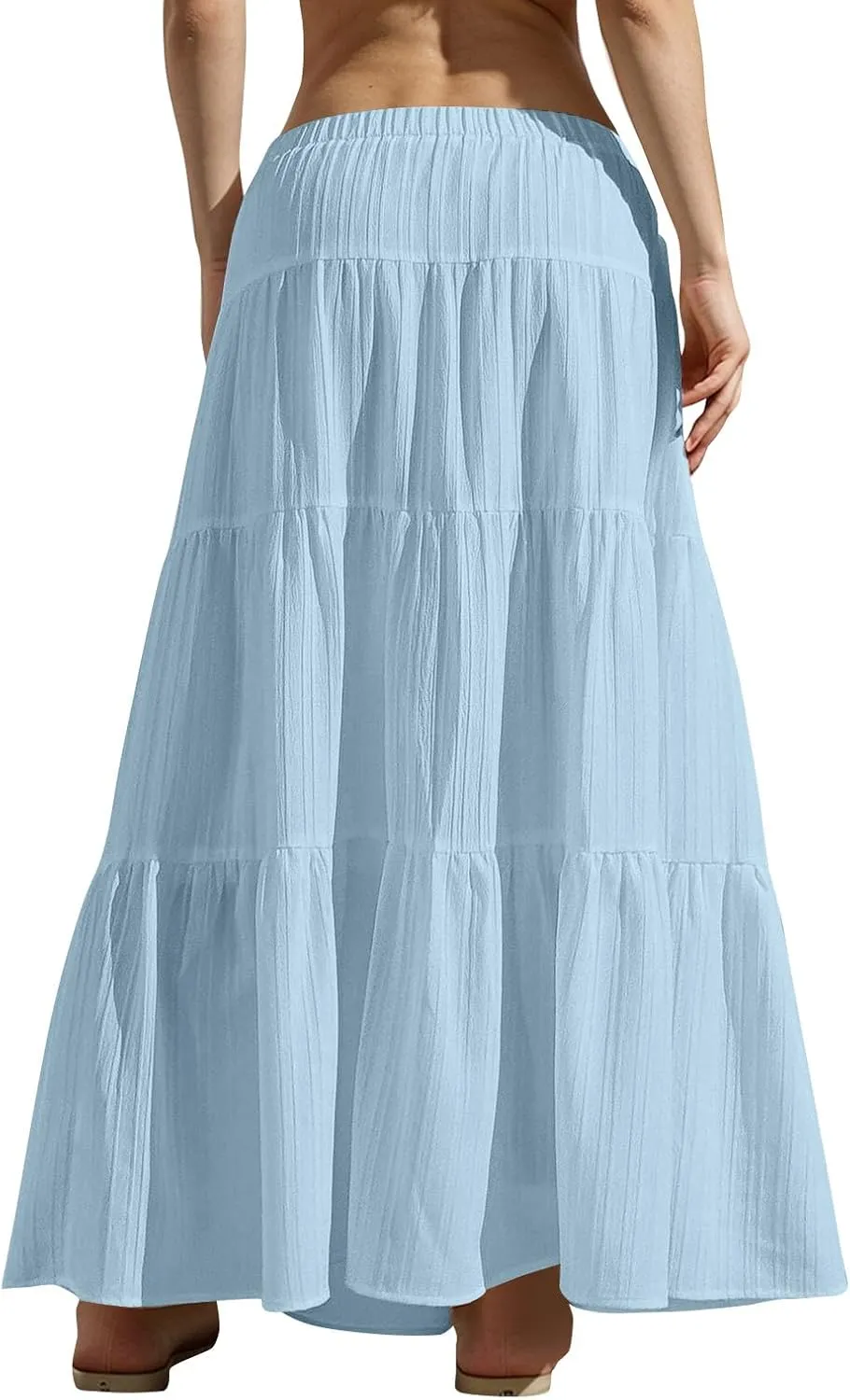 Tiered Long Skirts for Women Vacation A-Line Boho Pleated Skirt Summer High Waist Drawstring Flowy Swing Maxi Skirts