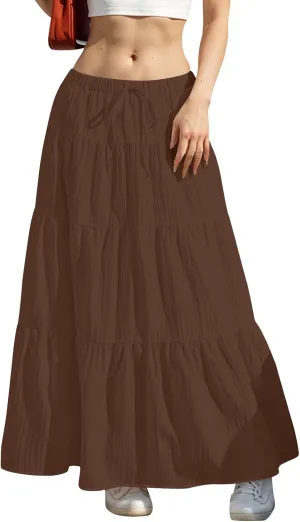 Tiered Long Skirts for Women Vacation A-Line Boho Pleated Skirt Summer High Waist Drawstring Flowy Swing Maxi Skirts