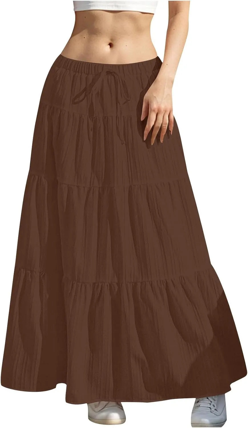 Tiered Long Skirts for Women Vacation A-Line Boho Pleated Skirt Summer High Waist Drawstring Flowy Swing Maxi Skirts