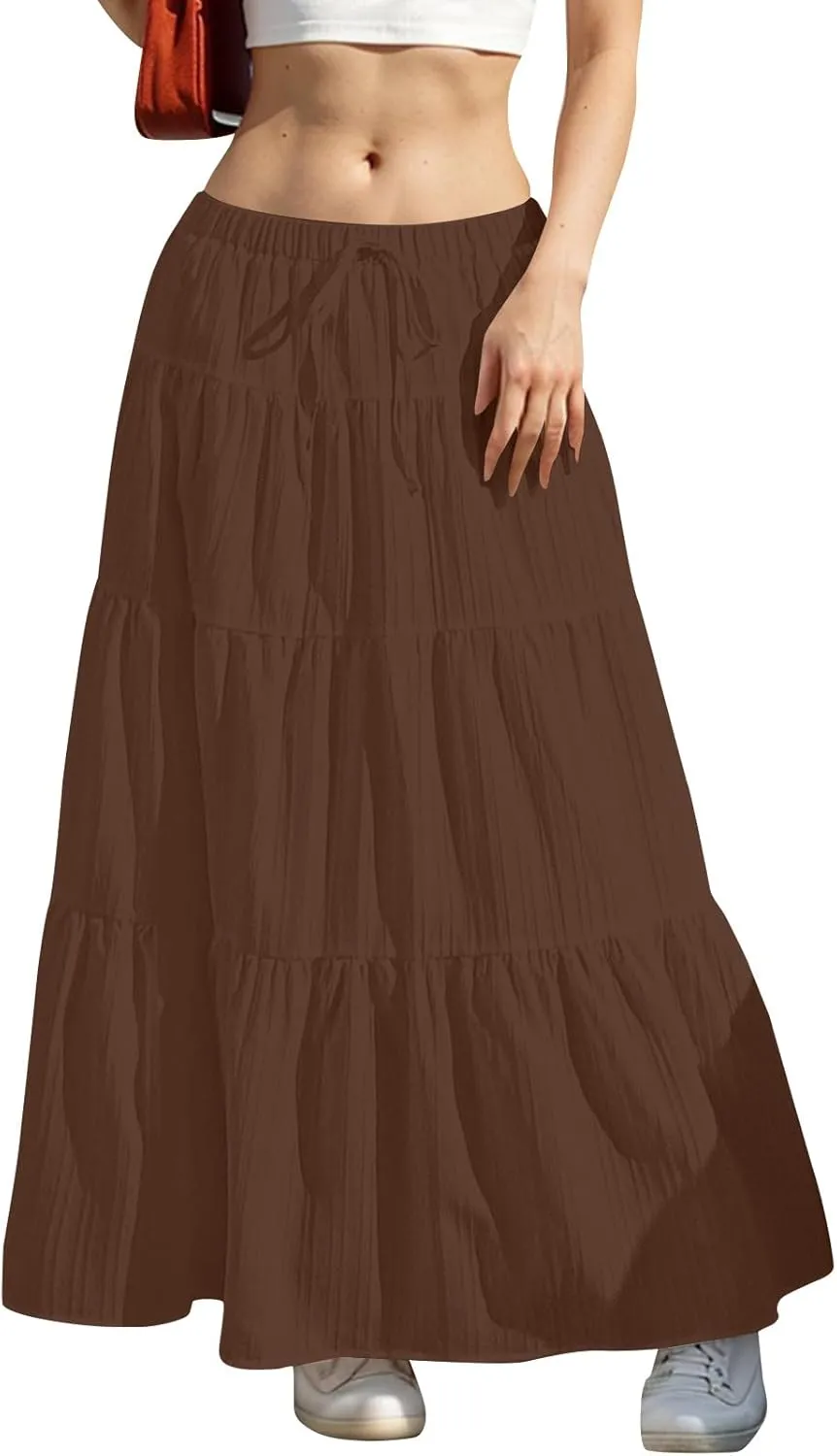 Tiered Long Skirts for Women Vacation A-Line Boho Pleated Skirt Summer High Waist Drawstring Flowy Swing Maxi Skirts