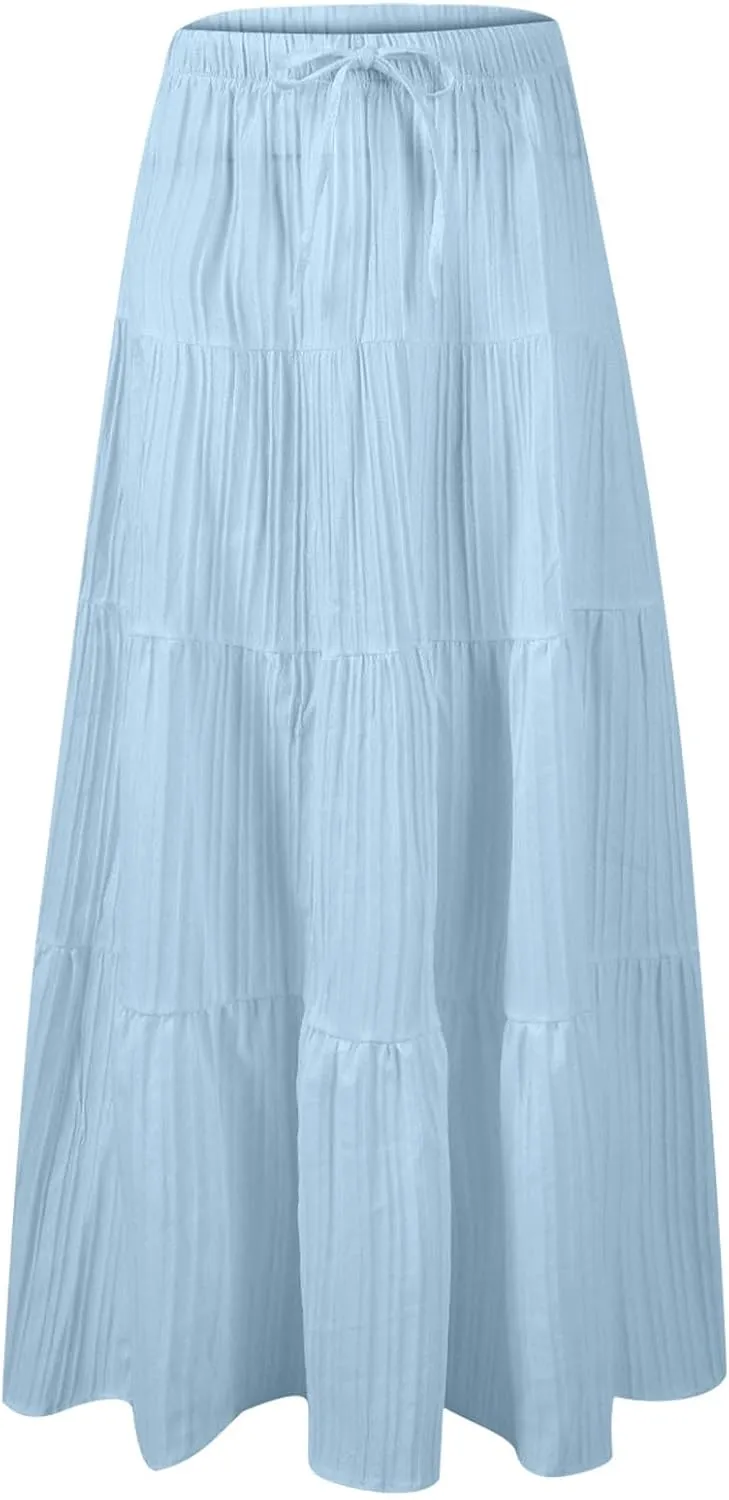 Tiered Long Skirts for Women Vacation A-Line Boho Pleated Skirt Summer High Waist Drawstring Flowy Swing Maxi Skirts