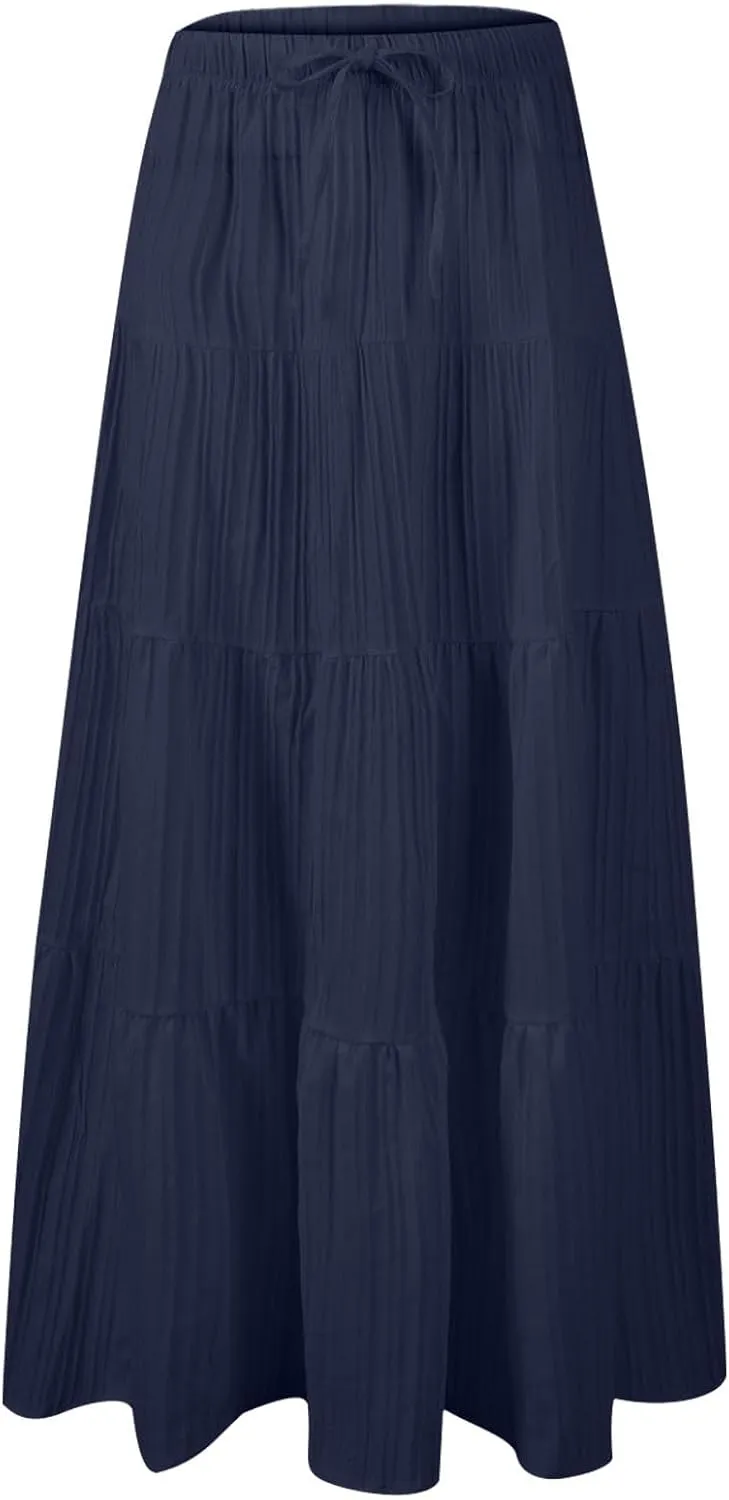 Tiered Long Skirts for Women Vacation A-Line Boho Pleated Skirt Summer High Waist Drawstring Flowy Swing Maxi Skirts