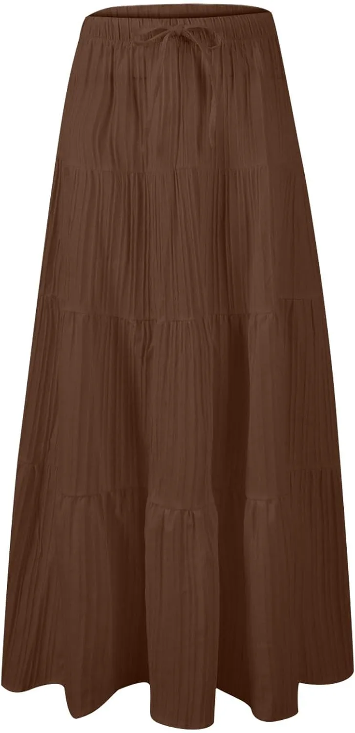 Tiered Long Skirts for Women Vacation A-Line Boho Pleated Skirt Summer High Waist Drawstring Flowy Swing Maxi Skirts