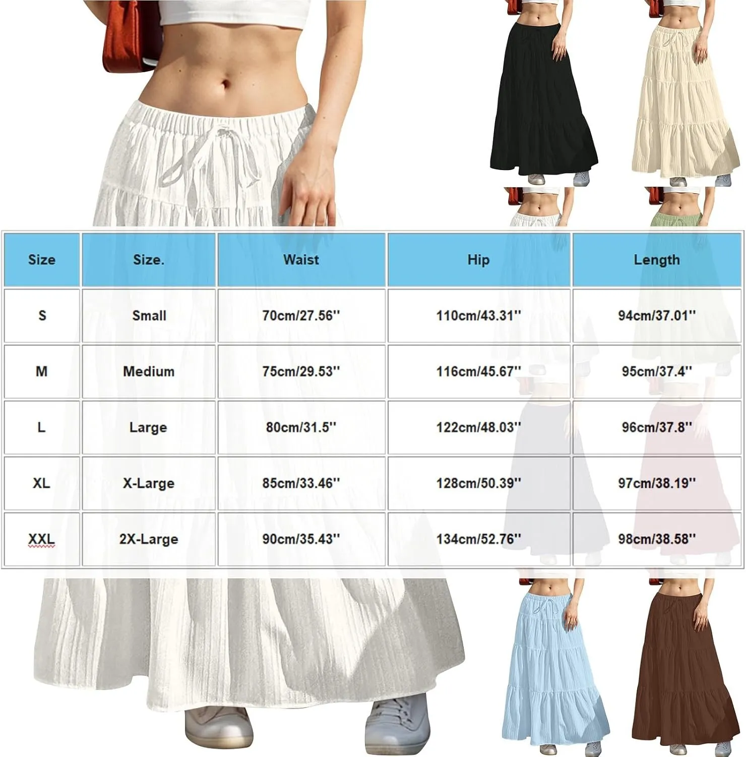 Tiered Long Skirts for Women Vacation A-Line Boho Pleated Skirt Summer High Waist Drawstring Flowy Swing Maxi Skirts