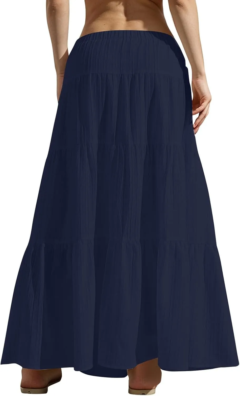 Tiered Long Skirts for Women Vacation A-Line Boho Pleated Skirt Summer High Waist Drawstring Flowy Swing Maxi Skirts