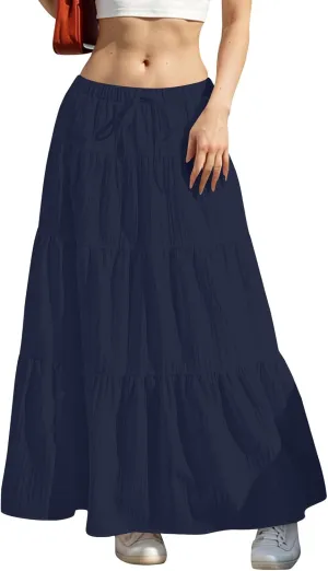 Tiered Long Skirts for Women Vacation A-Line Boho Pleated Skirt Summer High Waist Drawstring Flowy Swing Maxi Skirts